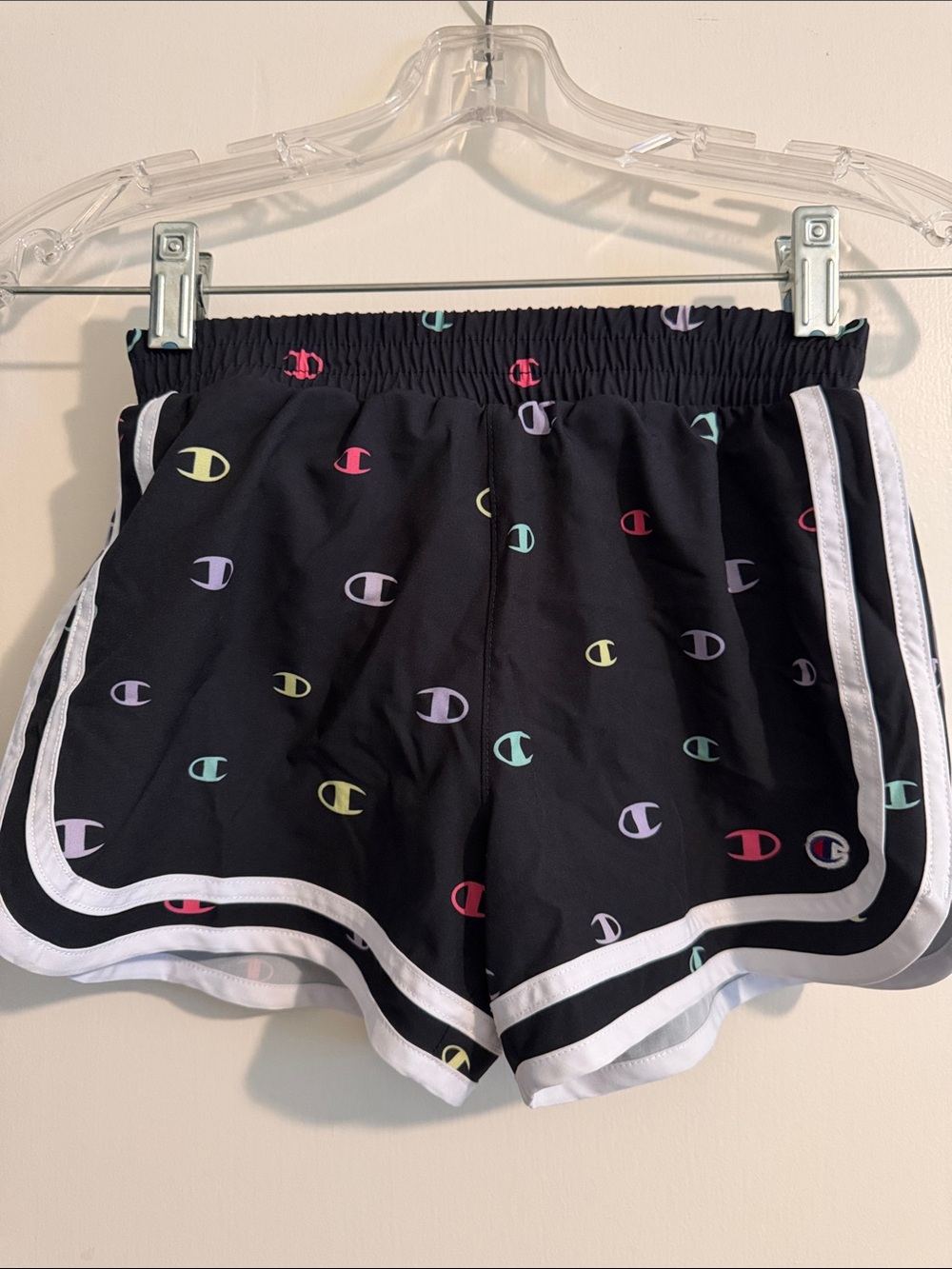 Girls 7/8 Champion Black Athletic Shorts with Multicolor Logo Dots